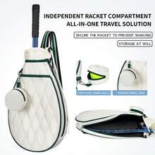 Sporty White Quilted Tennis Racket Bag, Waterproof Oxford Cloth One Shoulder Crossbody Tote Bag, With Independent Racket Compartment, Ball Pocket And Adjustable Shoulder Strap, Breathable Back, Multi-Pocket Design, Suitable For Outdoor Fitness - Multicolor - View 8