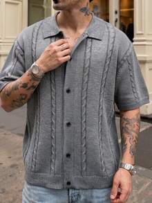 Men's Unisex POLO Collar Knit Cardigan, Casual Vacation Business Commute Ribbed Cable Solid Color Minimalist Short Sleeve Knit Top, POLO Collar Button-Up Knit Cardigan - Grey - View 2