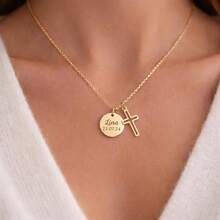 Personalized Cross Round Pendant Necklace, Engravable Name Date Or Heart, Stainless Steel Memorial Pendant Necklace, Suitable As Birthday Anniversary Gift For Family, Partner And Friends - Multicolor - View 3