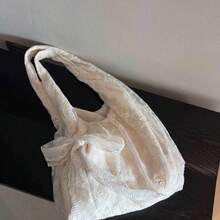 Dedoo 新中式刺繡優雅休閒女款托特包，大容量單肩手提包，適合上班、海邊使用，海灘包，隨機贈送圍巾 - 白色 - 查看 6