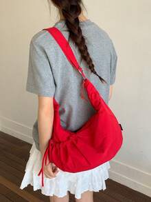 Nueva bolsa de hombro cruzada con capacidad grande, decorada con lazo nube y cordón fruncido para mujeres - Rojo - Ver 2
