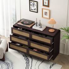 130CM Arc Shaped Corner Rattan Cabinet, 6-Drawers Rattan Storage Cabinet Rattan Drawer, For Living Room Bedroom,And Kitchen, Reddish-Brown, Brown - 棕色 - 查看 3