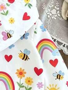 Young Girl Cartoon Print Warm Hooded Jacket - White - View 6