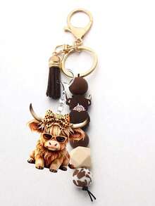 Highland Cow Acrylic Beaded Keychain With Tassel, Cute Short Keychain, Cartoon Punk Style, Animal Theme, Lobster Clasp, Decorative Backpack Accessory, Acrylic Pendant, Car Key Anti-Lost Chain, Ideal Gift For Friends And New Year Celebration, Highland Cow, Silicone Beads, Tassel, Backpack Accessory, Car Key, Anti-Lost Chain, Holiday Gift - Multicolor - View 13