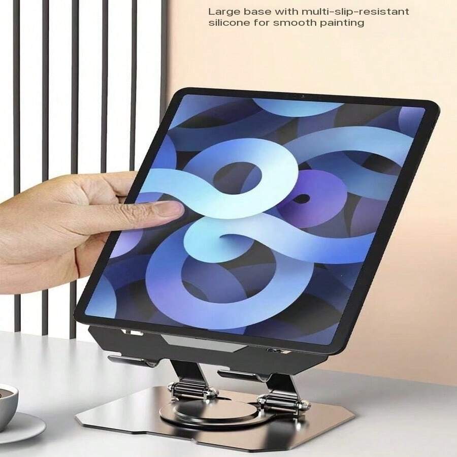 Adjustable Alloy Tablet Stand, Black Silver 360° Rotating, Non-Slip Stable Base, Foldable, Easy To Store And Carry, Suitable For 4-13 Inch Tablet Devices, Desktop Tablet Alloy Stand Foldable Rotating Portable Height Adjustable Cooling Stand