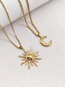 1 Set 2pcs Stainless Steel Moon & Sun Pendant Multi-Layer Stackable Necklace Set, Vintage Men's & Women's Minimalist Bohemian Style Sweater Chain Collarbone Necklace - Yellow Gold - View 3