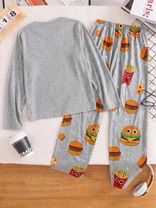 Boys Happy Burger & Fries Print Long Sleeve T-Shirt Set With All-Over Print Pants, Soft Fabric, Suitable For Spring, Autumn, Winter Home & Daily Wear - Grey - View 2