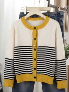 Cardigan Rajut Patchwork Bergaris Blok Warna, Jaket Sweater Lengan Panjang Kancing Tunggal Leher Bulat dengan Trim Kontras - Hitam, putih, dan kuning - View 2