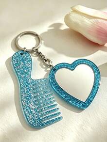 Acrylic Glittering Heart-Shaped Mirror, Comb Set, Keychain, Bag, Pendant, Exquisite Essential Makeup Items For Girls - Love - View 5