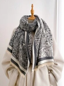 1pc Retro Classical Vase Scroll Motif Print 65*185cm Rectangle Scarf, Thick Faux Cashmere Brushed Polyester Winter Shawl For Travel Party Daily Outing - Multicolor - View 6