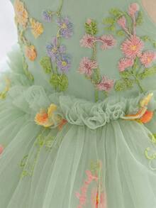 女嬰 3D 花朵刺繡公主洋裝，細肩帶洋裝，適合兒童生日、花童、婚禮、萬聖節及其他節日慶祝 - 薄荷綠 - 查看 7