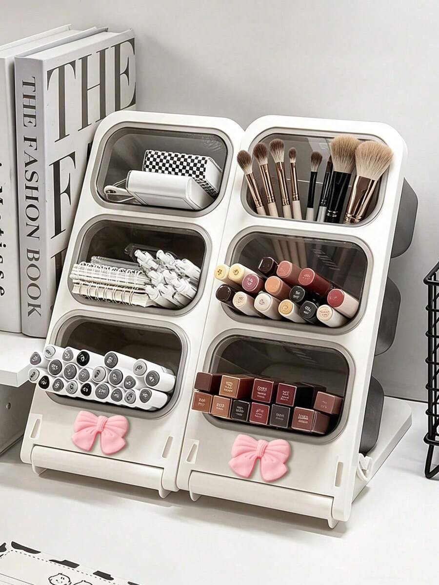 Ember Penyimpanan Kuas Makeup Kapasitas Besar 3 Tingkat (Ukuran Mini), Tempat Kuas Makeup Anti Debu, Tabung Penyimpanan Kosmetik Portabel untuk Perjalanan (Kuas Tidak Termasuk), Dengan Kompartemen Miring - Organizer Meja Hemat Ruang, Cocok untuk Meja, Kantor, Ruang Kerajinan - Kotak Penyimpanan Multifungsi, Dapat Menyimpan Spidol, Pensil, Pulpen, Kuas Cat, Tabung Lipstik - MultiWarna - View 1