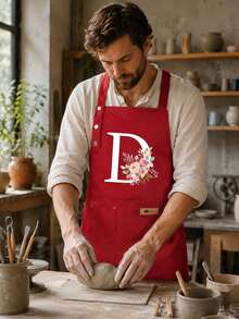 Red Floral A-Z Letter Print Apron With Pockets, Adjustable Neck Strap, Suitable For Baking, Housewarming, Holiday Gifts, Back To School, Home, Dorm Kitchen Accessories, Thanksgiving Cooking Apron, Christmas Housewarming Gift - Multicolor - View 10