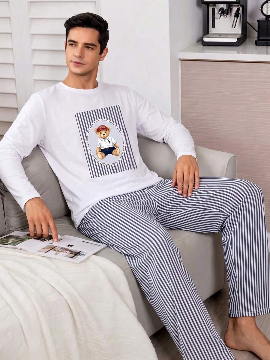 Ensemble de vêtements d'intérieur pour hommes avec T-shirt à col ras-du-cou décontracté à manches longues et pantalon long décontracté pour l'été - Blanc - Voir 1