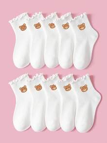 5 Pairs Random Cute Bear Print Baby Socks, Soft Breathable Mid-Calf Socks, Girls Toddler Style, Ruffle Cuff, All-Season Versatile Back To School - Multicolor - View 2
