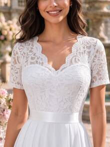MIUSOL Elegant V-Neck Floral Lace Pleated Hem Chiffon Ball Gown Summer - White - View 9