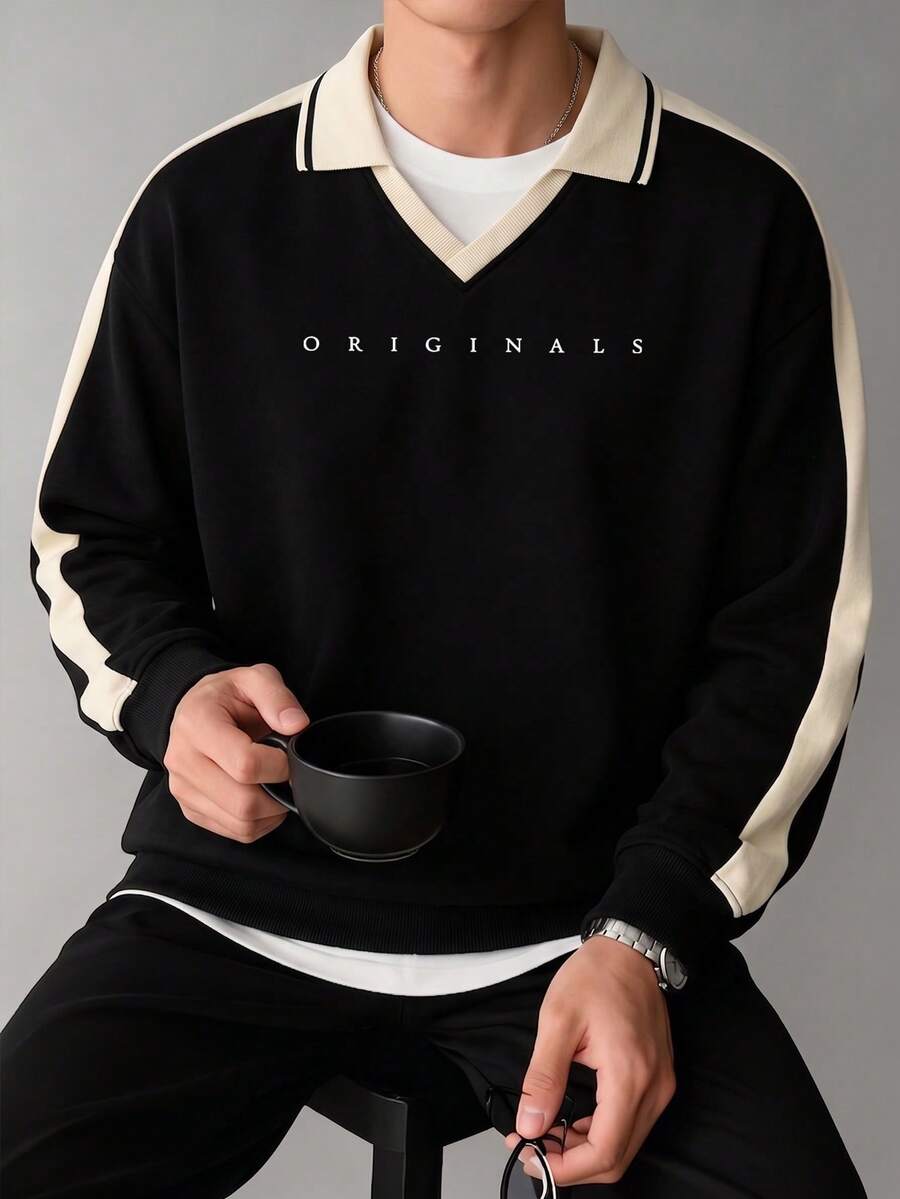 Men's Letter Print Contrast Color Polo Collar Sweatshirt, Casual Loose Fit Pullover Top - Black - View 1