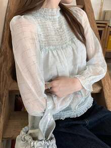 French Style Round Neck Chiffon Long Sleeve Blouse Women Spring Autumn Sweet Elegant Ruched Waist Top - Green - View 1