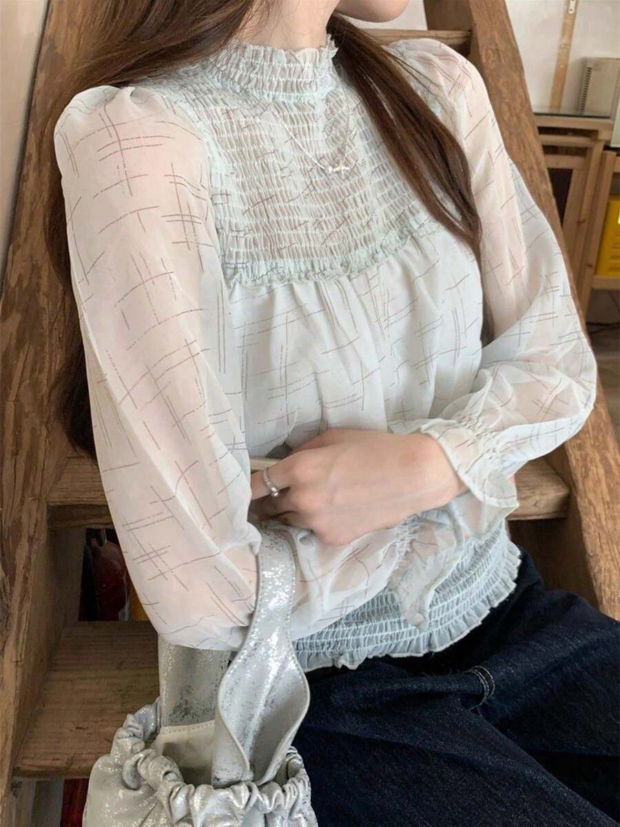 French Style Round Neck Chiffon Long Sleeve Blouse Women Spring Autumn Sweet Elegant Ruched Waist Top - Green - View 1