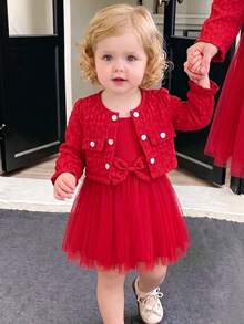 Baby Girls 2pcs/Set Valentine's Day Red Jacquard Button Design Long Sleeve Jacket & Bow Tulle Spaghetti Strap Dress, Sweet Princess Holiday Outfit Set - Red - View 4