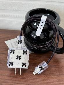 Black Bow Pearl Charger Protective Case, Data Cable Anti-Breakage Protection Rope - Black - View 5