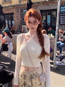 Y2K Pure Desire Spaghetti Strap Strap Top + Hollow Out Cropped Knit Cardigan 2 Pieces Set, Date Store Visit Afternoon Tea Commute Daily Layering Fall - Apricot - View 1
