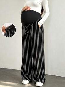 Women's Maternity Summer Pants: Black Striped Wide Leg Elastic Waist Casual Sports Pants - Black - View 10