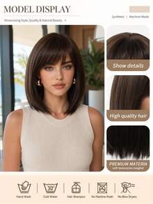 Topshe 12 Inch Short Layered Bob Synthetic Wig With Air Bangs, Suitable For Women's Daily Wear, Straight Natural Hairstyle, Dark Chestnut Brown/Yellow Brown, Heat Resistant And Styleable, Beginner-Friendly Wig - Multicolor - View 5