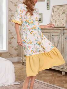 Women's Floral Print Yellow Ruffle Trim Patchwork Short Sleeve Round Neck Loose Mid-Length Nightgown Loungewear - Yellow - View 2