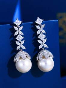 1 Pair Classy Silver Plated Long Leaf Cubic Zirconia Crystal Drop Pearl Dangle Earrings For Wedding Party Prom Daily To Women Girlfriends Wife Mother Gift - White - View 2