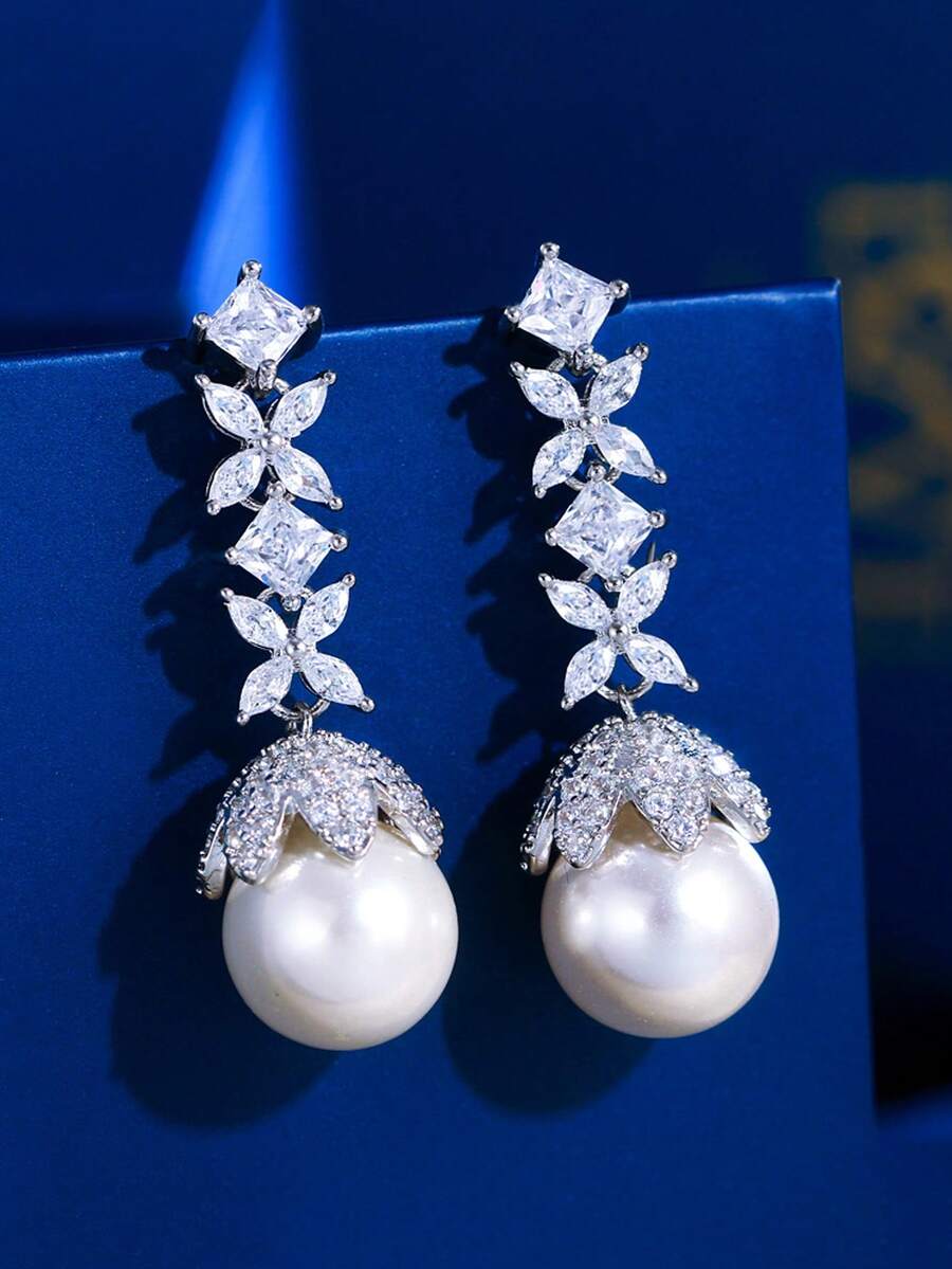 1 Pair Classy Silver Plated Long Leaf Cubic Zirconia Crystal Drop Pearl Dangle Earrings For Wedding Party Prom Daily To Women Girlfriends Wife Mother Gift