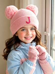 3pcs/Set Girls Winter Hat & Gloves Set, Suitable For 3-8 Years Old, A-Z Letter Knitted Knitted Hat With Pom Pom Ears, Elastic Warm Matching Gloves, Suitable For Cold Weather - Pink - View 4