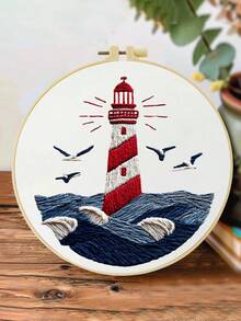 1PC 20*20cm/7.9*7.9in,Ocean Theme: Waves And Lighthouses Embroidery Kit, DIY Handmade Embroidery Set For Adult Beginners, Home Gift, Women's Sewing Gift, Including User Manual, Printed Pattern Fabric, Embroidery Frame, Needle And Thread. - Waves - View 7