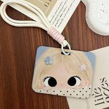 Big‑Eye Cartoon Girl Card Holder With Braided Lanyard, Hard PC Horizontal ID Badge Holder For Student School Bus Card Work Name Tag Back To School Supplies - A - View 3
