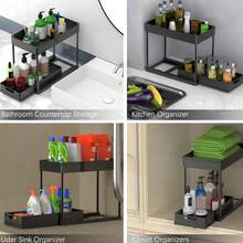 1pc Double Layer Storage Rack, Drawer-Style Organizer With Hooks And Hanging Cup, Suitable For Under Sink, Kitchen, Bathroom And More - Black - View 9