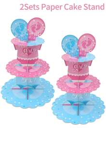 1 Set/2 Sets Pink & Blue 3-Tier Cupcake Stand, Baby Footprint Balloon Print, Creative DIY Cake Decoration, Cake Dessert Display Rack, Gender Reveal Party Supplies, 1st Birthday Party Decoration, Baby Shower Decoration, Boy & Girl Party Supplies, Boy & Girl Party Gifts, 1st Birthday Party Decoration Supplies - Blue Pink - View 6