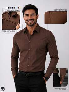 Men's Long Sleeve Spandex Dress Shirt - 鏽棕色 - 查看 7