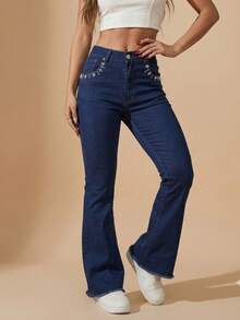pthirillo Women Jeans - 水鑽及珍珠口袋花卉三件套 - 查看 1