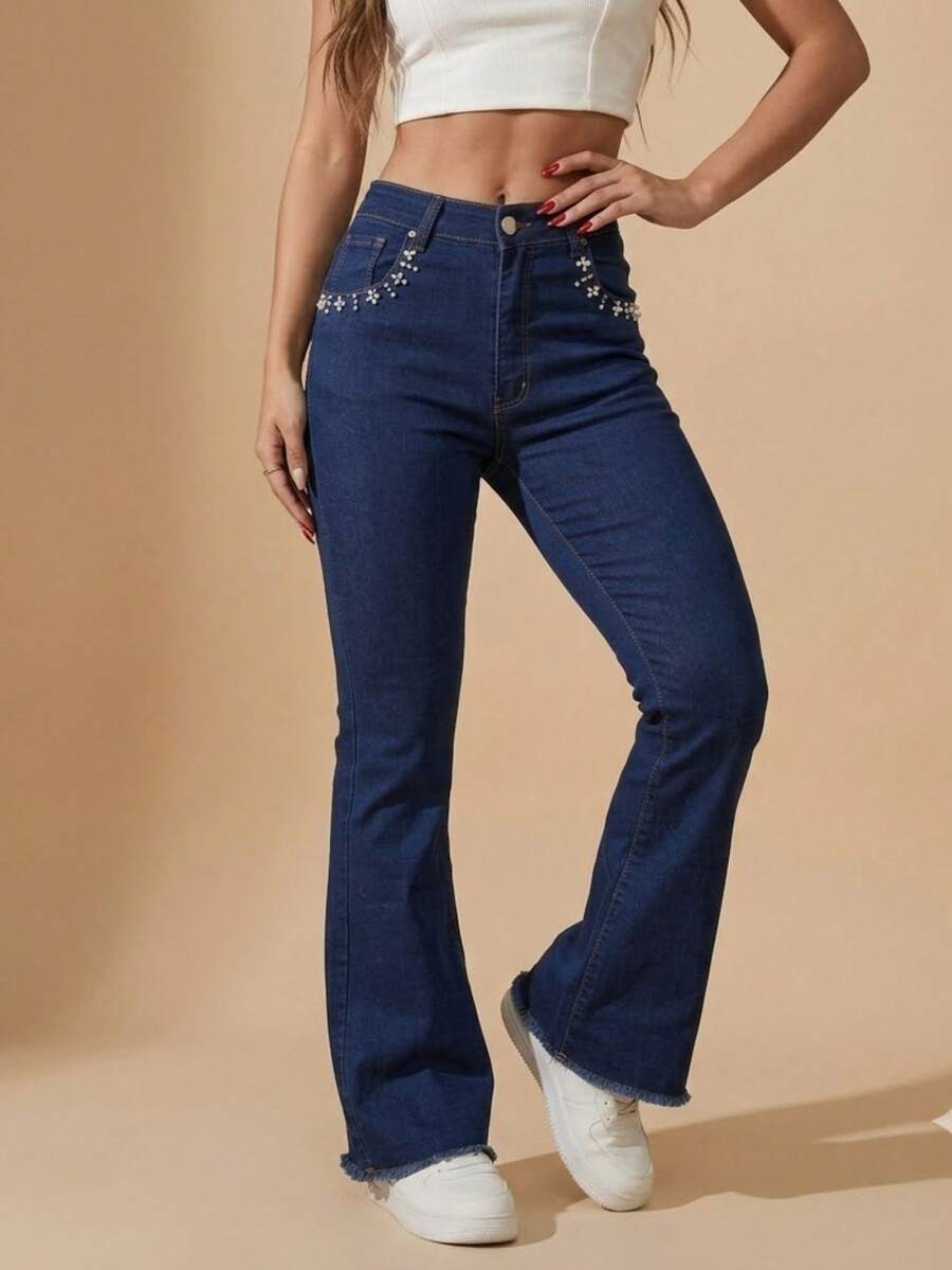 pthirillo Women Jeans - 水鑽及珍珠口袋花卉三件套 - 查看 1