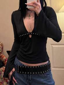 Y2K Gothic-Style Women's Black Fitted Flared-Sleeve Top, Deep V-Neck With Keyhole Cutout And Stud Accents On Flared Cuffs, Fitted Shirt - Black - View 4