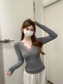 Women's Knitted Long Sleeve V-Neck Top, Contrast Lace Trim, Semi-Sheer Regular Fit, Suitable For Daily Wear - Grey - View 5