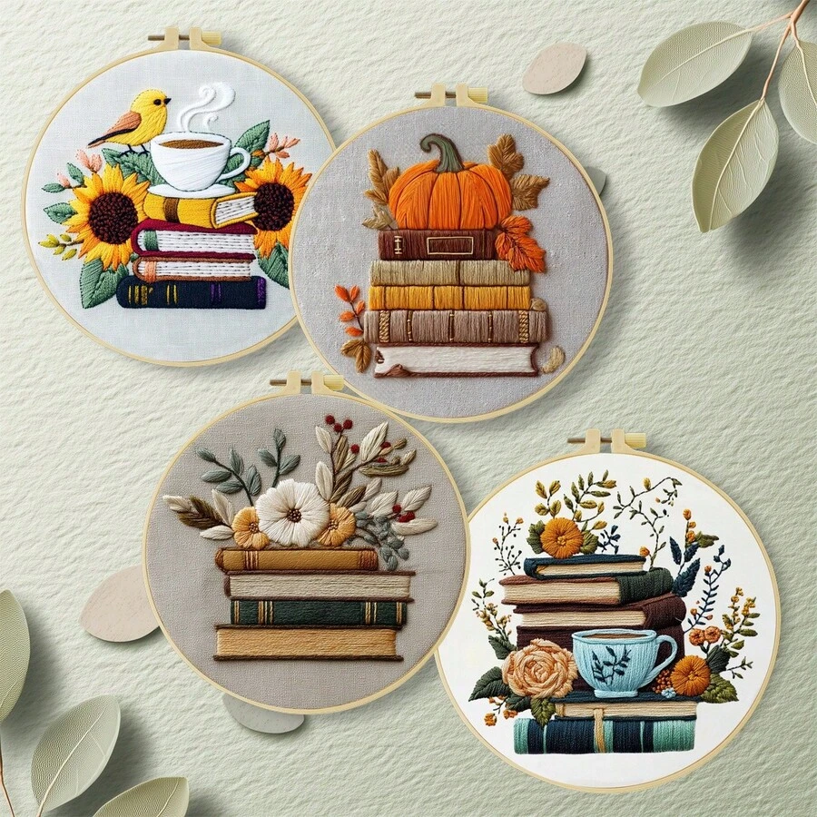 Still Life And Books Embroidery Kit For Adult Beginners. Includes Manual, Printed Fabric, Hoop, Needles, Threads & Stitch Guide. Great Home Gift For Women. Size: 15x15cm/5.9in Or 20x20cm/7.9in.