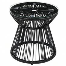 Mesa de Jardín Redonda con Diseño de Tambor Hueco, Mesa Bistro con Tablero de Vidrio, Mesa de Centro Negra para Jardín y Balcón - Negro + Ratán - Ver 1