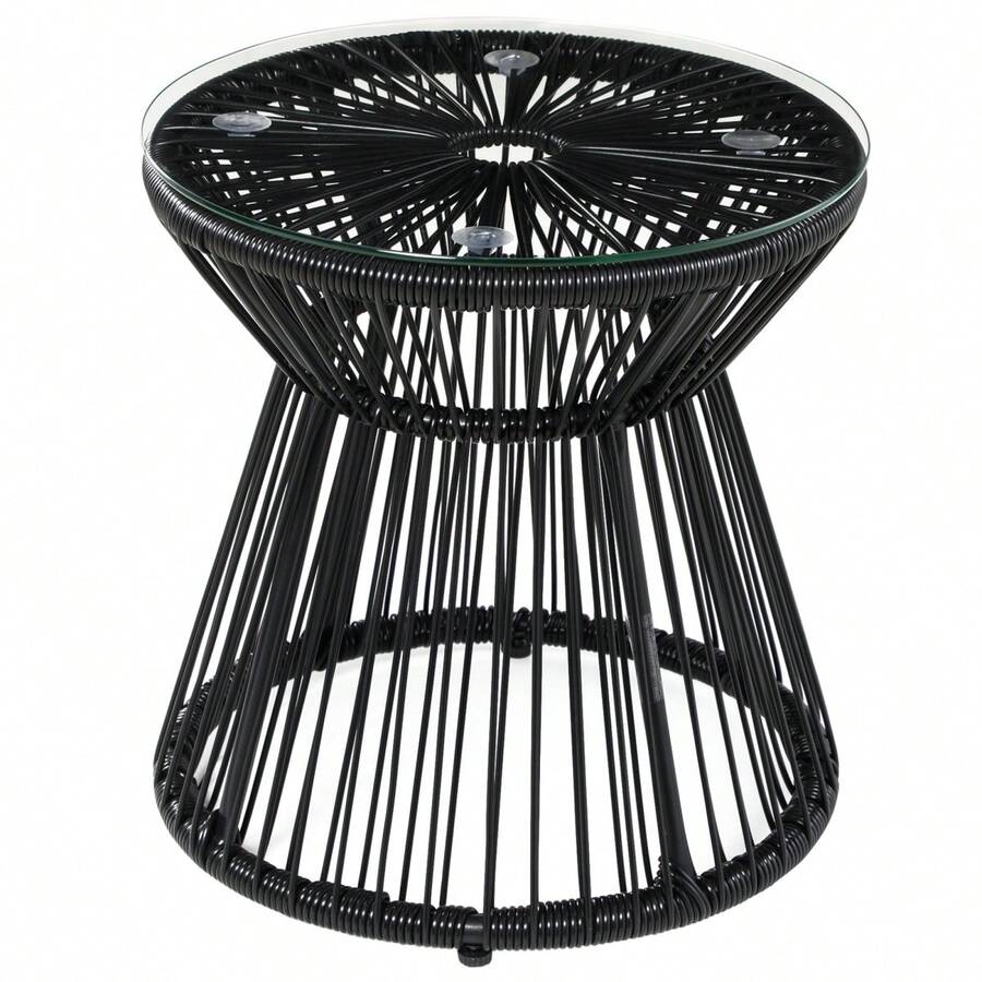 Mesa de Jardín Redonda con Diseño de Tambor Hueco, Mesa Bistro con Tablero de Vidrio, Mesa de Centro Negra para Jardín y Balcón - Negro + Ratán - Ver 1