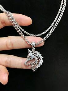 Cool Street Style Stainless Steel Necklace, Hollow Wolf Head Pendant Curb Chain For Men, Jewelry For Daily Outfits & Holiday Gifts - Silver - View 4
