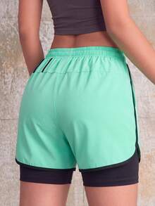 Knot & Curve 女款 2 合 1 內襯運動短褲，純色內襯 2 合 1 運動褲，彈性兩件式套裝，夏季適合跑步、運動、瑜伽、健身、健身訓練 - 薄荷綠 - 查看 3