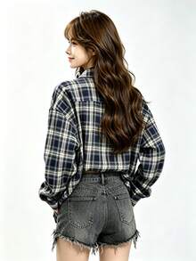 YUXIN 女款寬鬆格紋長袖襯衫,翻領鈕扣開襟附胸前口袋休閒上衣,適合秋季返校季 - 深藍色 - 查看 10