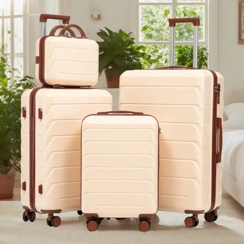 14"/19"/24"/28" 4-Piece ABS Spinner Luggage Set – Large & Medium Sizes With Side Handles, Hanging Hooks & Protective Feet – Integrated Combination Lock & 14" Cosmetic Bag (Beige) - View 1