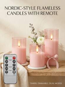 3pcs Pink Candle Lights With Adjustable Brightness And Timer Remote Control, Warm Flame, Birthday And Wedding Supplies, Christmas Preparation, Christmas Celebration, Valentine's Day, Gift, Party - Pink - View 4