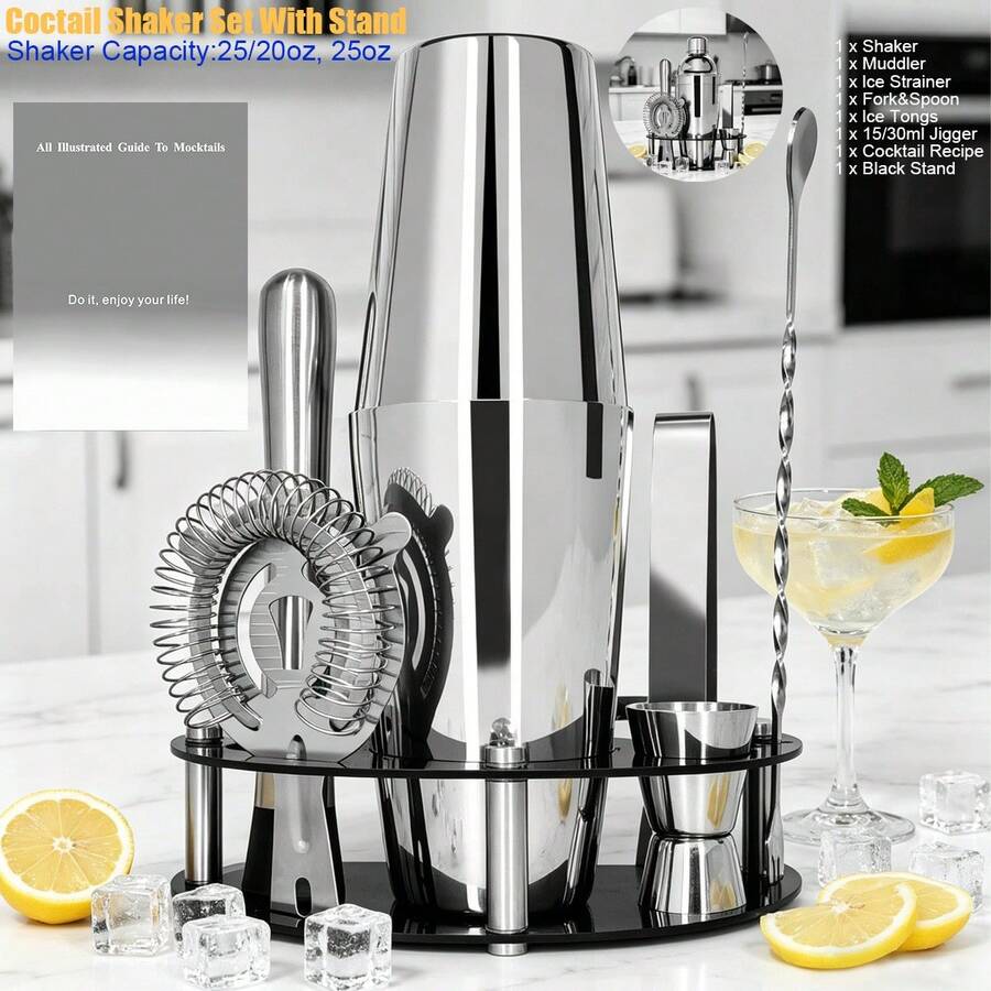 KCJLHGT 8Pcs Boston Cocktail Shaker Set With Black Stand, 25oz/20oz Stainless Steel Bartender Kit With Muddler Jigger Strainer Ice Tongs Bar Spoon And Cocktail Recipe For Home Bar Party